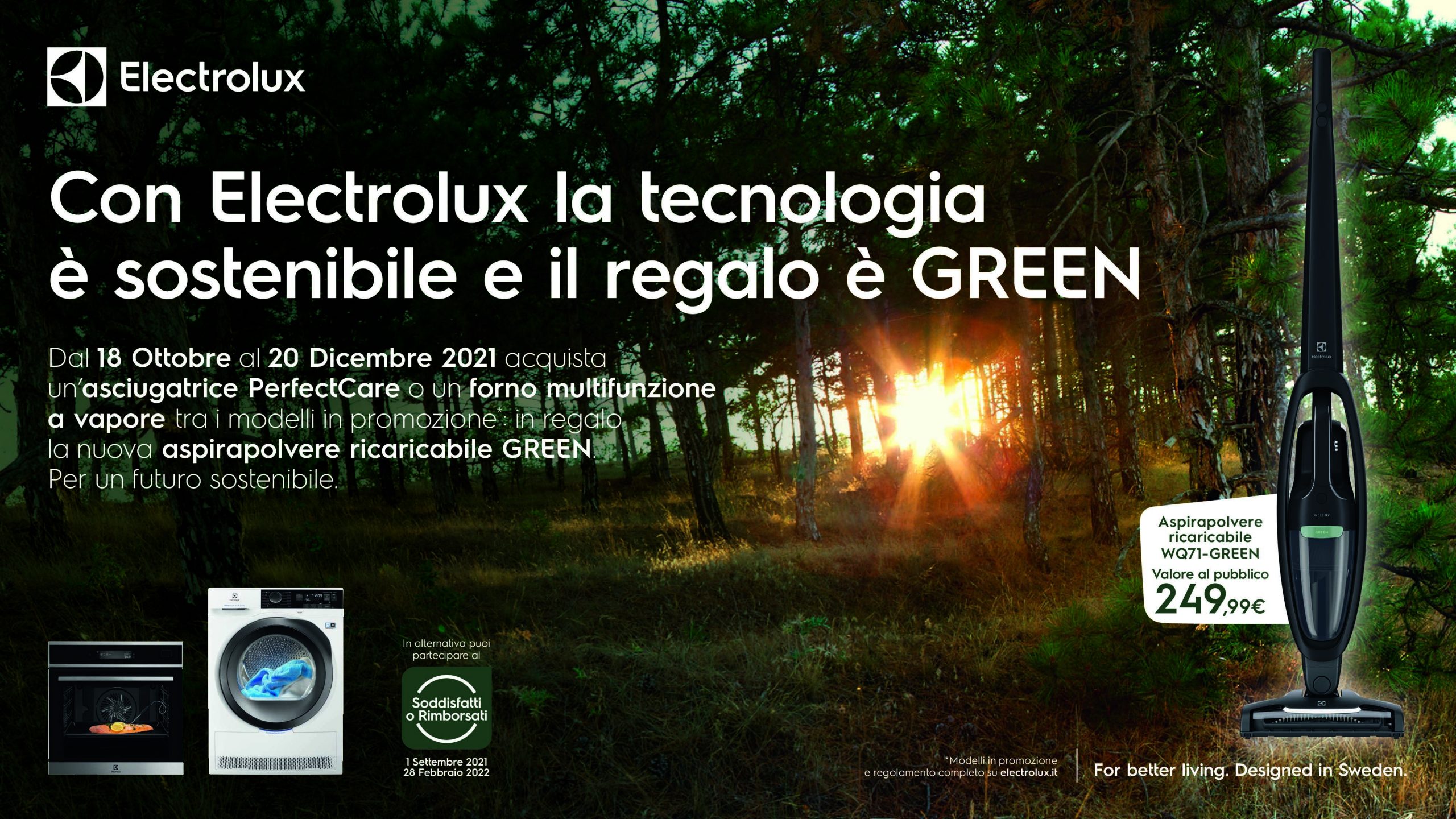 Al via la nuova promo “Con Electrolux la tecnologia è sostenibile e il regalo è GREEN”