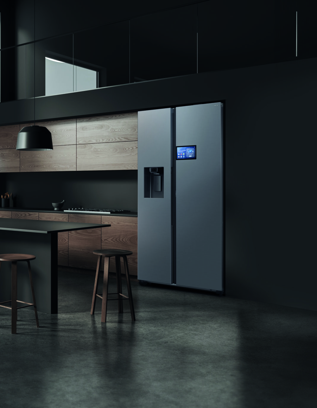 Dark,Home,Kitchen,Interior,With,Bar,Island,,Side,View,Stool